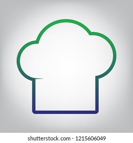 Chef cap sign. Vector. Green to blue gradient contour icon at grayish background with light in center.