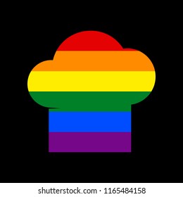 Chef cap sign. Vector. Icon with colors of LGBT flag at black background.