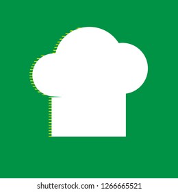Chef cap sign. Vector. White flat icon with yellow striped shadow at green background.