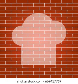Chef cap sign. Vector. Whitish icon on brick wall as background.