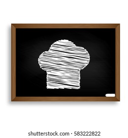 Chef cap sign. White chalk icon on black school board