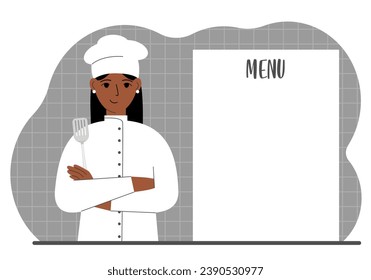 A chef in a cap stands next to a white sheet for placing a menu for a restaurant or cafe.