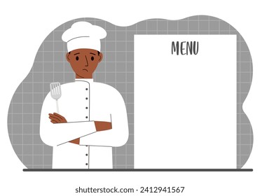 Un chef con gorra se encuentra junto a una sábana blanca para proponer un menú para un restaurante o una cafetería.