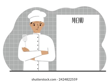 A chef in a cap stands next to a white sheet for placing a menu for a restaurant or cafe.