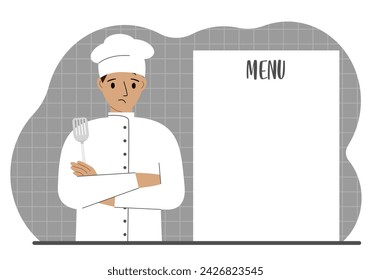 A chef in a cap stands next to a white sheet for placing a menu for a restaurant or cafe.