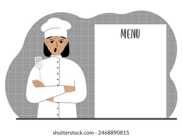 A chef in a cap stands next to a white sheet for placing a menu for a restaurant or cafe. Vector flat illustration