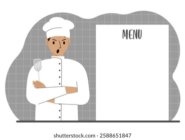 A chef in a cap stands next to a white sheet for placing a menu for a restaurant or cafe. Vector flat illustration
