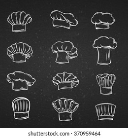 Chef caps, hats and toques decorative hand draw icons . Vector illustration.