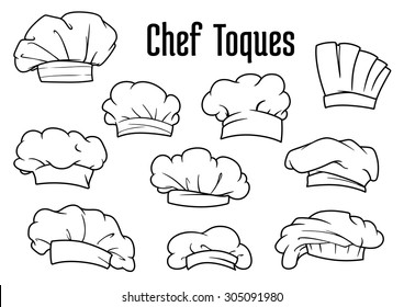 Chef caps, hats and toques icons with various classic white textile uniform headwear