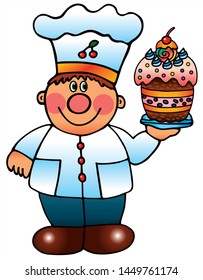A chef carries a delicious cake. Colored vector for card or gift.