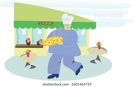 chef carries delicious pizza in restaurant