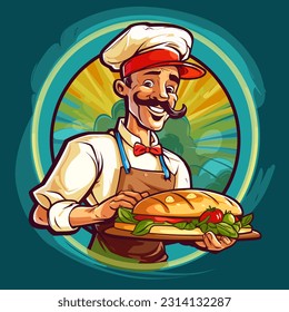 The chef carries a toast with fresh vegetables. Fast food breakfast currencies. Cartoon vector illustration. label, sticker