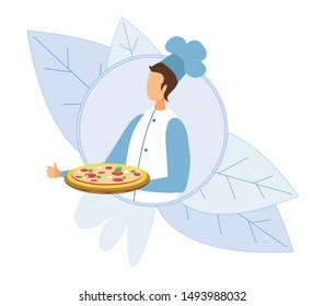 Chef Carrying Hot Fresh Pizza on Tray Cartoon Logo. Flat Round with Male Character in Uniform Gesturing Thumbs-up. Fast Food. Traditional Italian Cuisine. Delicious Snack. Vector Flat Illustration