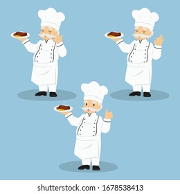 a chef carrying a plate of delicious steak and making hand gestures. Chef vector set.