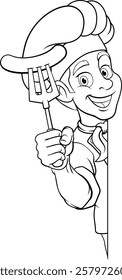 A chef cartoon barbecue cook man giving a thumbs up and holding a hotdog or grilled sausage a BBQ or cooking fork and peeking around sign or menu, mascot character illustration 