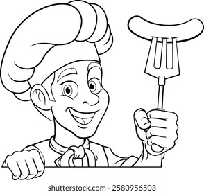 A chef cartoon barbecue cook man giving a thumbs up and holding a hotdog or grilled sausage a BBQ or cooking fork and peeking around sign or menu, mascot character illustration 