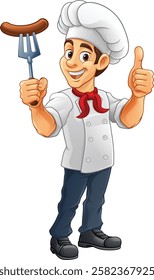 A chef cartoon barbecue cook man giving thumbs up and holding a hotdog or grilled sausage on a BBQ or cooking fork mascot character illustration 