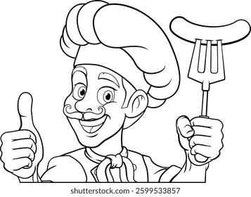 A chef cartoon barbecue cook man giving a thumbs up and holding a hotdog or grilled sausage a BBQ or cooking fork and peeking around sign or menu, mascot character illustration 