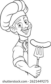 A chef cartoon barbecue cook man giving a thumbs up and holding a hotdog or grilled sausage a BBQ or cooking fork and peeking around sign or menu, mascot character illustration 