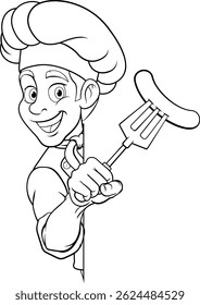 A chef cartoon barbecue cook man giving a thumbs up and holding a hotdog or grilled sausage a BBQ or cooking fork and peeking around sign or menu, mascot character illustration 