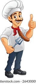 A chef cartoon barbecue cook man giving thumbs up and holding a hotdog or grilled sausage on a BBQ or cooking fork mascot character illustration 