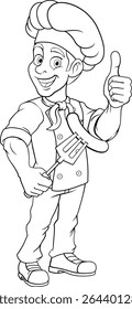 A chef cartoon barbecue cook man giving thumbs up and holding a hotdog or grilled sausage on a BBQ or cooking fork mascot character illustration 