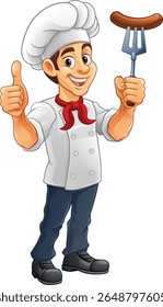 A chef cartoon barbecue cook man giving thumbs up and holding a hotdog or grilled sausage on a BBQ or cooking fork mascot character illustration 