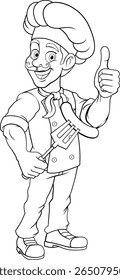 A chef cartoon barbecue cook man giving thumbs up and holding a hotdog or grilled sausage on a BBQ or cooking fork mascot character illustration 