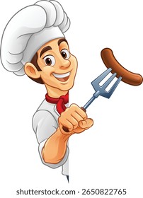 A chef cartoon barbecue cook man giving a thumbs up and holding a hotdog or grilled sausage a BBQ or cooking fork and peeking around sign or menu, mascot character illustration 
