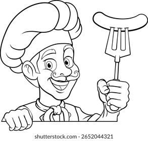 A chef cartoon barbecue cook man giving a thumbs up and holding a hotdog or grilled sausage a BBQ or cooking fork and peeking around sign or menu, mascot character illustration 