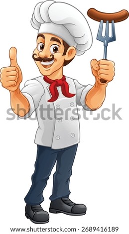 A chef cartoon barbecue cook man giving thumbs up and holding a hotdog or grilled sausage on a BBQ or cooking fork mascot character illustration 