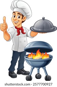 A chef cartoon barbecue cook out brazier BBQ man giving thumbs up and holding a platter plate with cloche mascot character illustration 