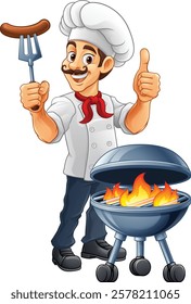 A chef cartoon barbecue cook out brazier cook man. Giving a thumbs up and holding a hotdog or grilled sausage on a BBQ fork mascot character illustration. 