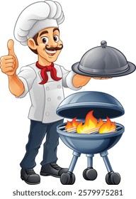 A chef cartoon barbecue cook out brazier BBQ man giving thumbs up and holding a platter plate with cloche mascot character illustration 