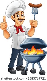 A chef cartoon barbecue cook out brazier cook man. Giving a thumbs up and holding a hotdog or grilled sausage on a BBQ fork mascot character illustration. 