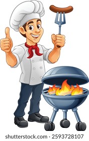 A chef cartoon barbecue cook out brazier cook man. Giving a thumbs up and holding a hotdog or grilled sausage on a BBQ fork mascot character illustration. 