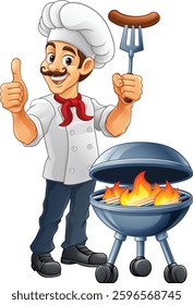 A chef cartoon barbecue cook out brazier cook man. Giving a thumbs up and holding a hotdog or grilled sausage on a BBQ fork mascot character illustration. 