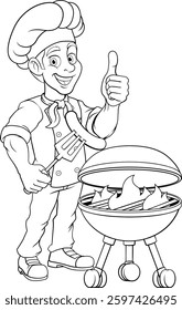 A chef cartoon barbecue cook out brazier cook man. Giving a thumbs up and holding a hotdog or grilled sausage on a BBQ fork mascot character illustration. 