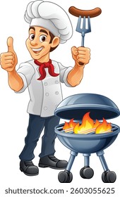 A chef cartoon barbecue cook out brazier cook man. Giving a thumbs up and holding a hotdog or grilled sausage on a BBQ fork mascot character illustration. 