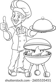 A chef cartoon barbecue cook out brazier BBQ man giving thumbs up and holding a platter plate with cloche mascot character illustration 