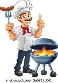 A chef cartoon barbecue cook out brazier cook man. Giving a thumbs up and holding a hotdog or grilled sausage on a BBQ fork mascot character illustration. 