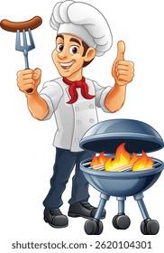 A chef cartoon barbecue cook out brazier cook man. Giving a thumbs up and holding a hotdog or grilled sausage on a BBQ fork mascot character illustration. 