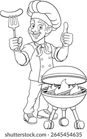 A chef cartoon barbecue cook out brazier cook man. Giving a thumbs up and holding a hotdog or grilled sausage on a BBQ fork mascot character illustration. 