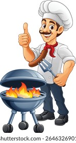 A chef cartoon barbecue cook out brazier cook man. Giving a thumbs up and holding a hotdog or grilled sausage on a BBQ fork mascot character illustration. 