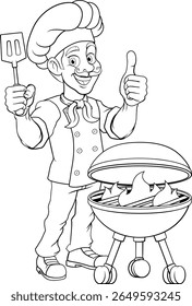 A chef cartoon barbecue cook out brazier cook man giving thumbs up and holding a BBQ spatula mascot character illustration 