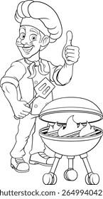A chef cartoon barbecue cook out brazier cook man giving thumbs up and holding a BBQ spatula mascot character illustration 