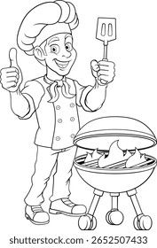 A chef cartoon barbecue cook out brazier cook man giving thumbs up and holding a BBQ spatula mascot character illustration 