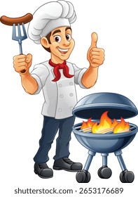 A chef cartoon barbecue cook out brazier cook man. Giving a thumbs up and holding a hotdog or grilled sausage on a BBQ fork mascot character illustration. 