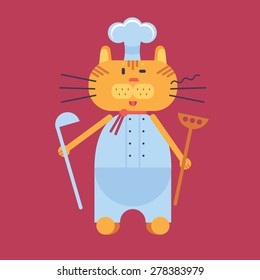 chef cartoon cat in a flat style on red background