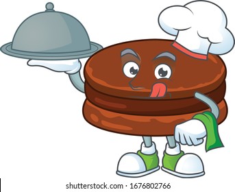 chef cartoon character of chocolate alfajor with food on tray